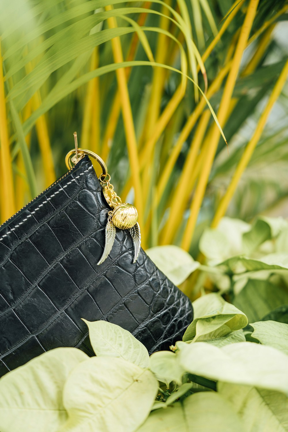 un sac à main noir posé sur une plante verte luxuriante