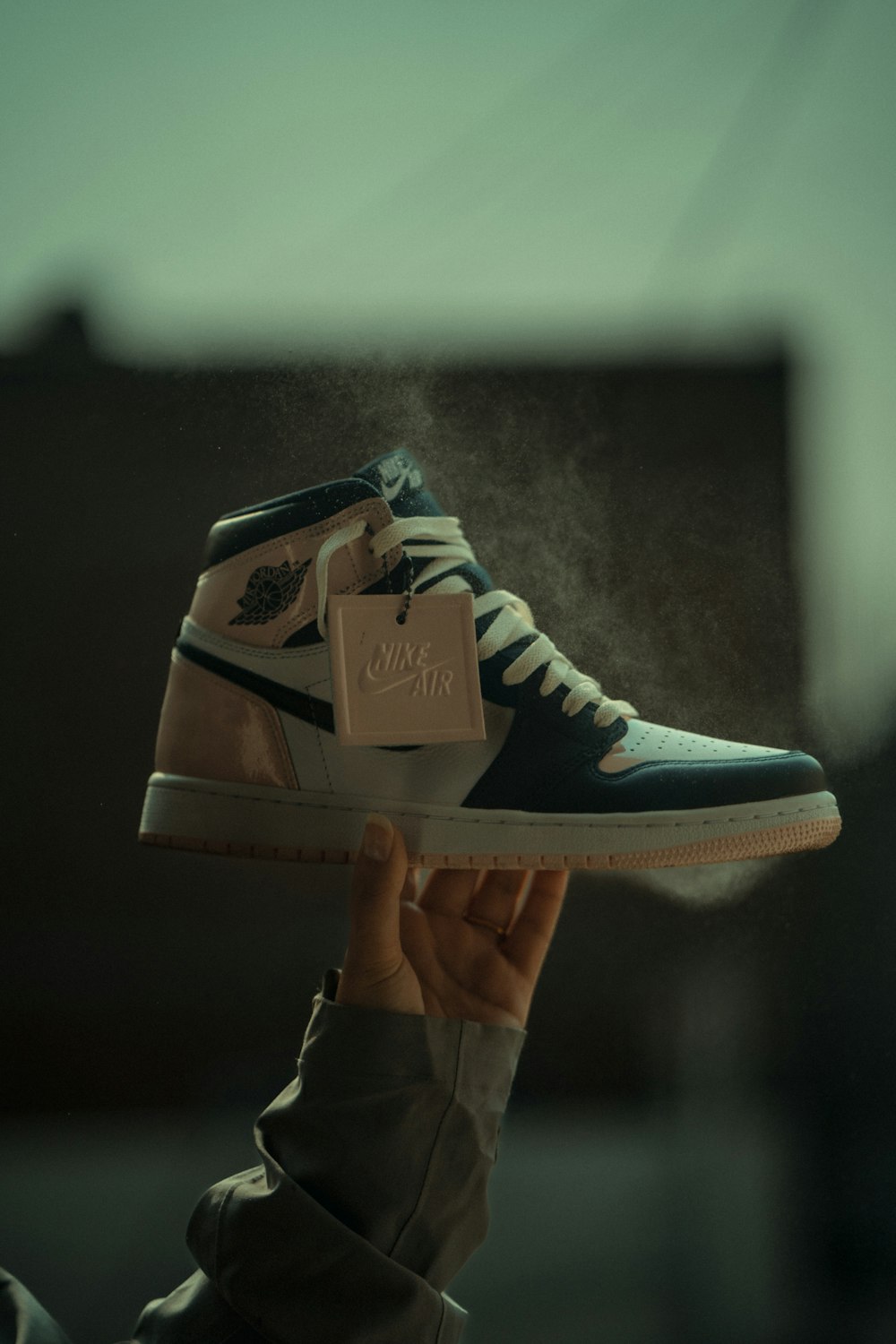 a person holding up a pair of sneakers