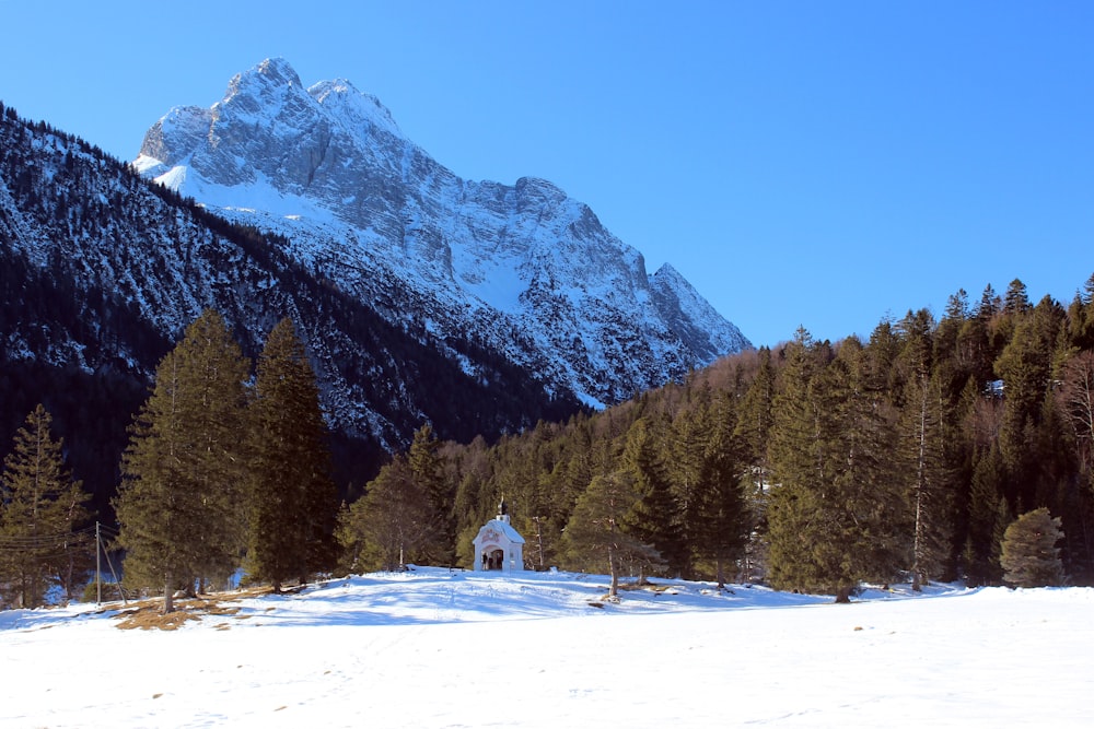 a snow covered mountain with a church in the foreground