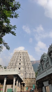 A temple complex with an intricately designed tall white gopuram (tower) dominating the scene. The gopuram has multiple tiers, each decorated with sculptures. Surrounding buildings have ornate carvings and a few people are seen at the base of the gopuram. The sky is clear with a few clouds, and there is greenery visible, including some tree branches in the foreground.