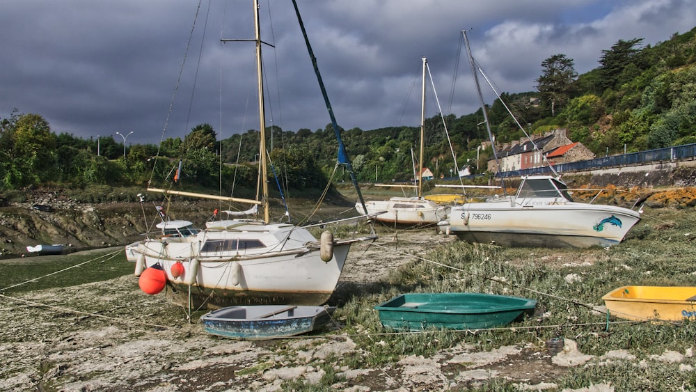 a group of boats sitting on top of a sandy beach