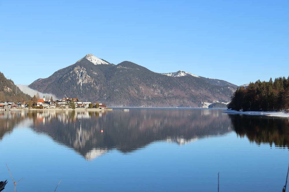 a lake with mountains in the background