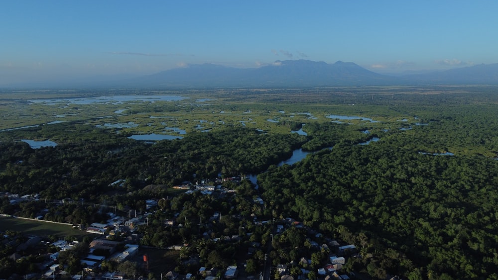 a bird's eye view of a city and a lake