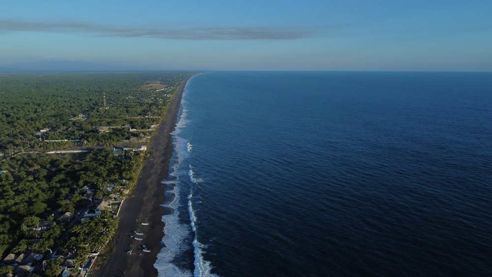 an aerial view of a beach and ocean