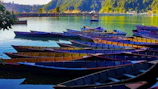 Colorful traditional boats lined up along the shore of Lake Malawi, reflecting local culture.