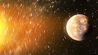 A celestial body with a rocky surface is visible among swirling star trails. The background is filled with an array of light streaks, indicating motion or long exposure. A bright light source, likely a sun, radiates from the left, casting a warm glow across the scene.