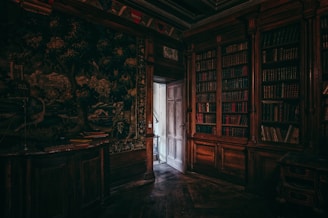 a room with a book shelf and a door