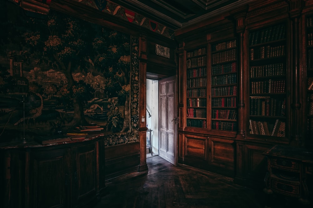 a room with a book shelf and a door