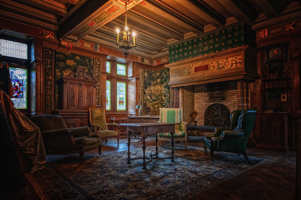 a living room filled with furniture and a fire place