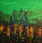 a painting of a green landscape with yellow and red flowers