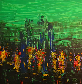 a painting of a green landscape with yellow and red flowers