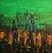 An abstract painting with a vibrant green background featuring dark vertical shapes suggesting a city skyline or dense forest. The lower section is filled with colorful strokes of red, yellow, and purple, resembling flowers or abstract forms, contrasting vividly against the darker tones.