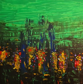 An abstract painting with a vibrant green background featuring dark vertical shapes suggesting a city skyline or dense forest. The lower section is filled with colorful strokes of red, yellow, and purple, resembling flowers or abstract forms, contrasting vividly against the darker tones.
