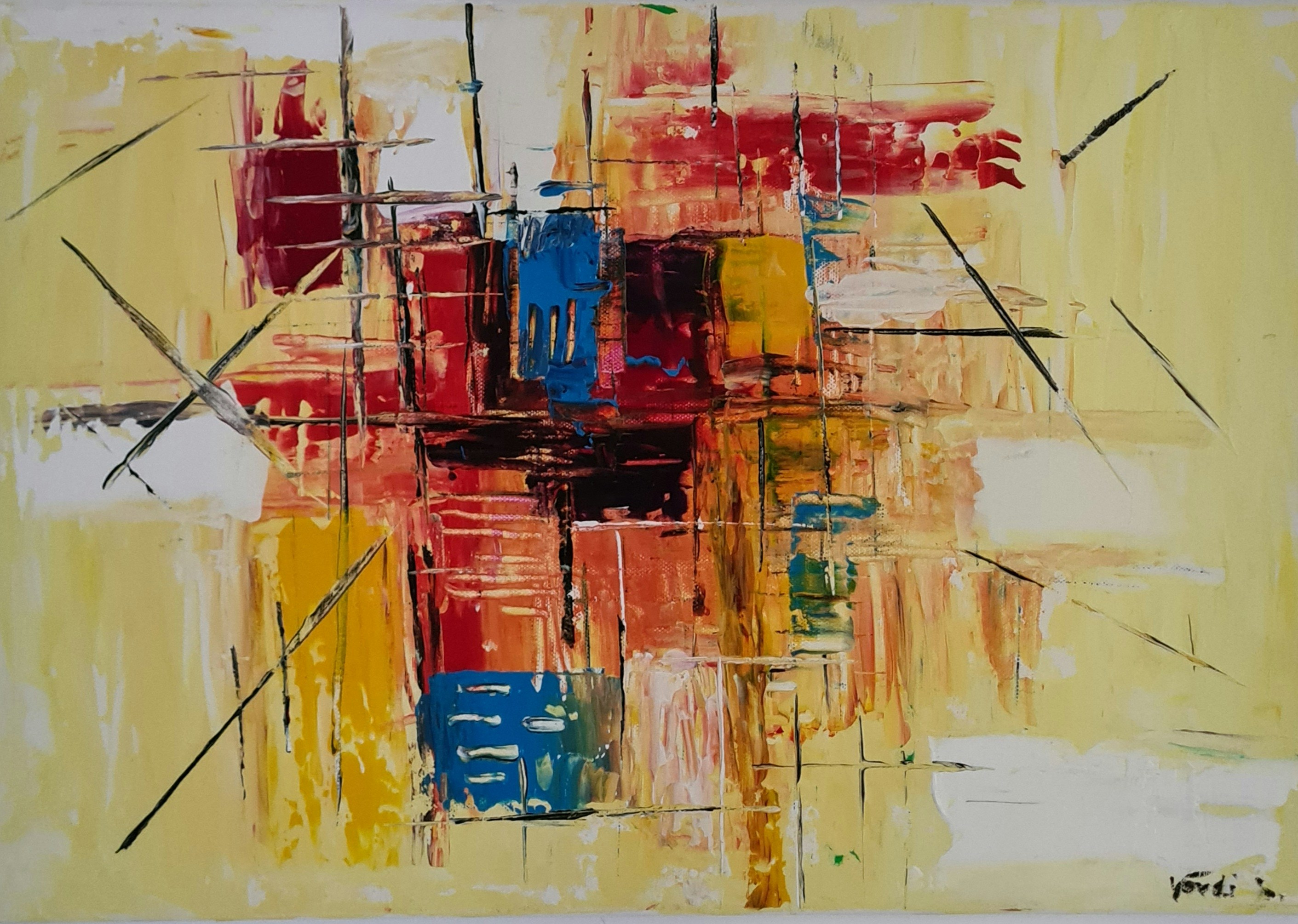 a painting of a yellow, red, and blue abstract painting