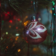 Close-up of colorful Christmas ornaments hanging on a tree branch with twinkling lights in the background.