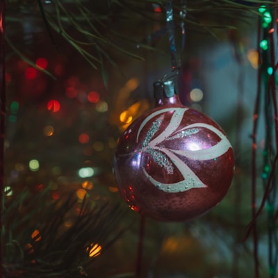 Close-up of colorful Christmas ornaments hanging on a tree branch with twinkling lights in the background.