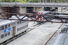 Several silver-colored double-decker trains are stationed on parallel tracks underneath a concrete bridge. The area is surrounded by greenery, suggesting the location might be in an urban park setting. Metal beams are visible in the foreground, adding to the industrial atmosphere.