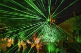 a crowd of people standing around a green laser light
