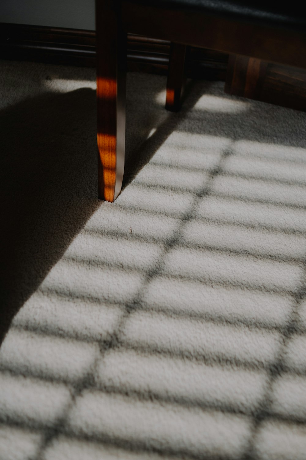 the shadow of a bench on a carpet