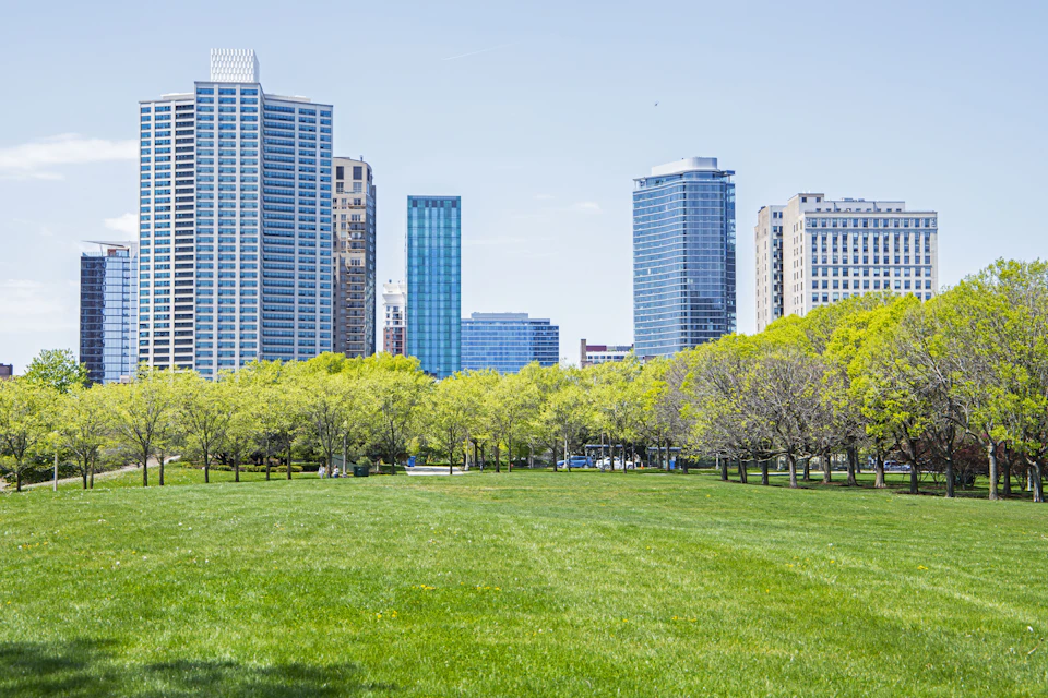 Cityscape with tall skyscraper and surrounding buildings in a large park under bright sunlight