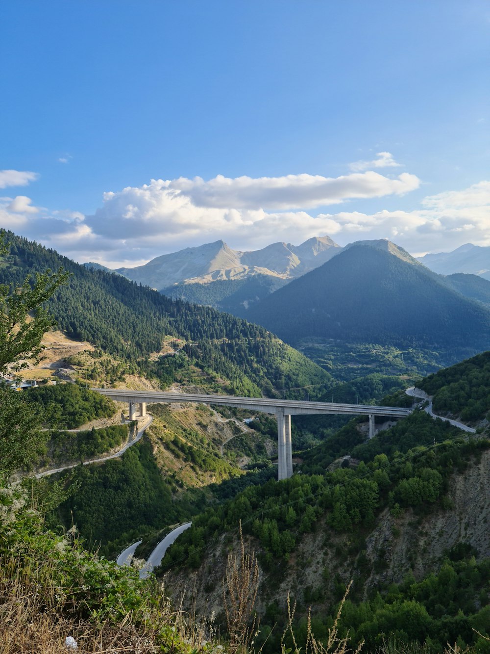 a scenic view of a highway in the mountains