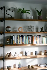 A wall-mounted shelving unit with four wooden shelves holds various items, including decorative objects, plants in pots, and a collection of books. There is a small globe, an ornamental letter 'G,' small statues, a flash, and a camera lens. The shelves are neatly organized, with a few decorative sculptures and planters adding aesthetic value.