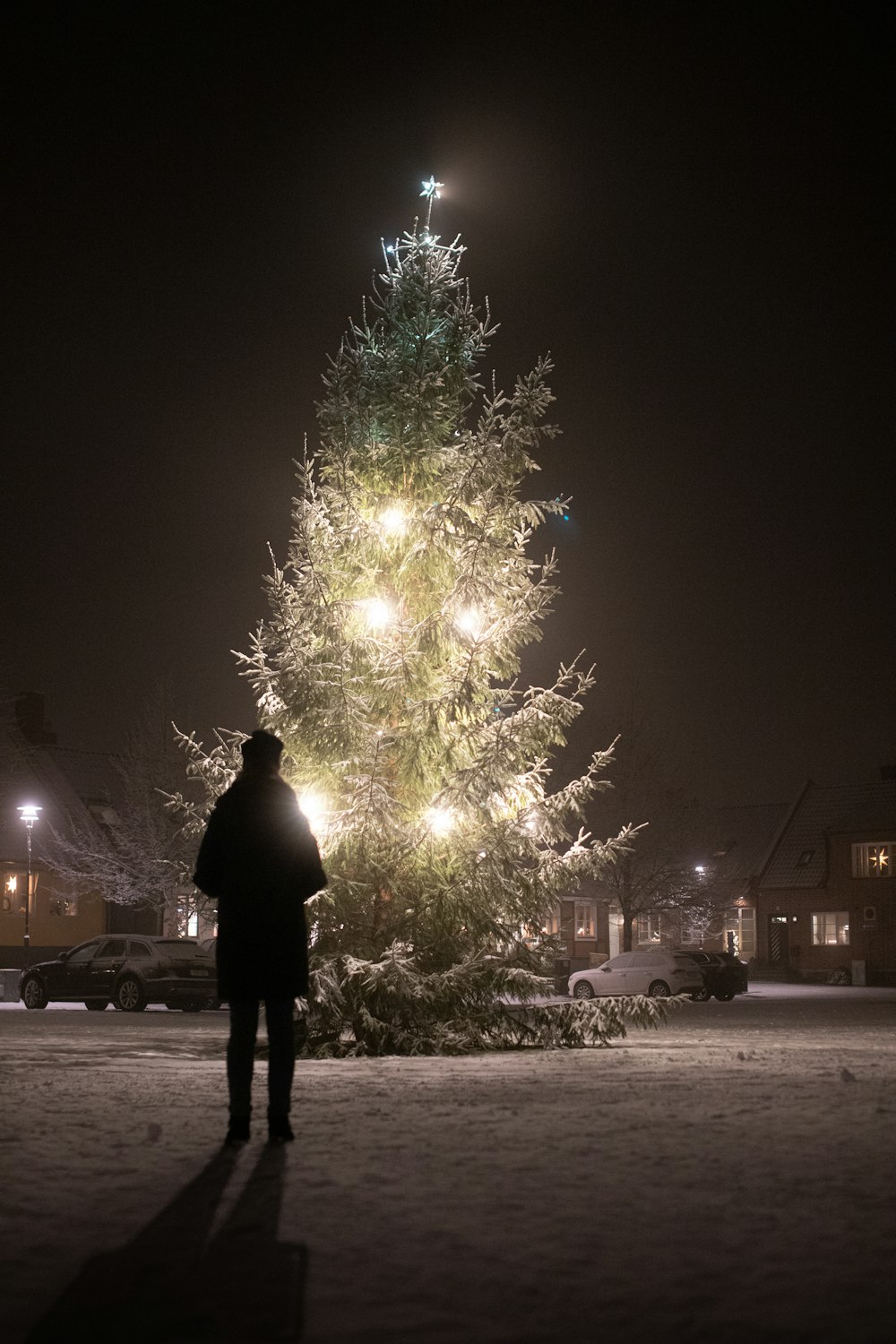 a person standing in front of a christmas tree