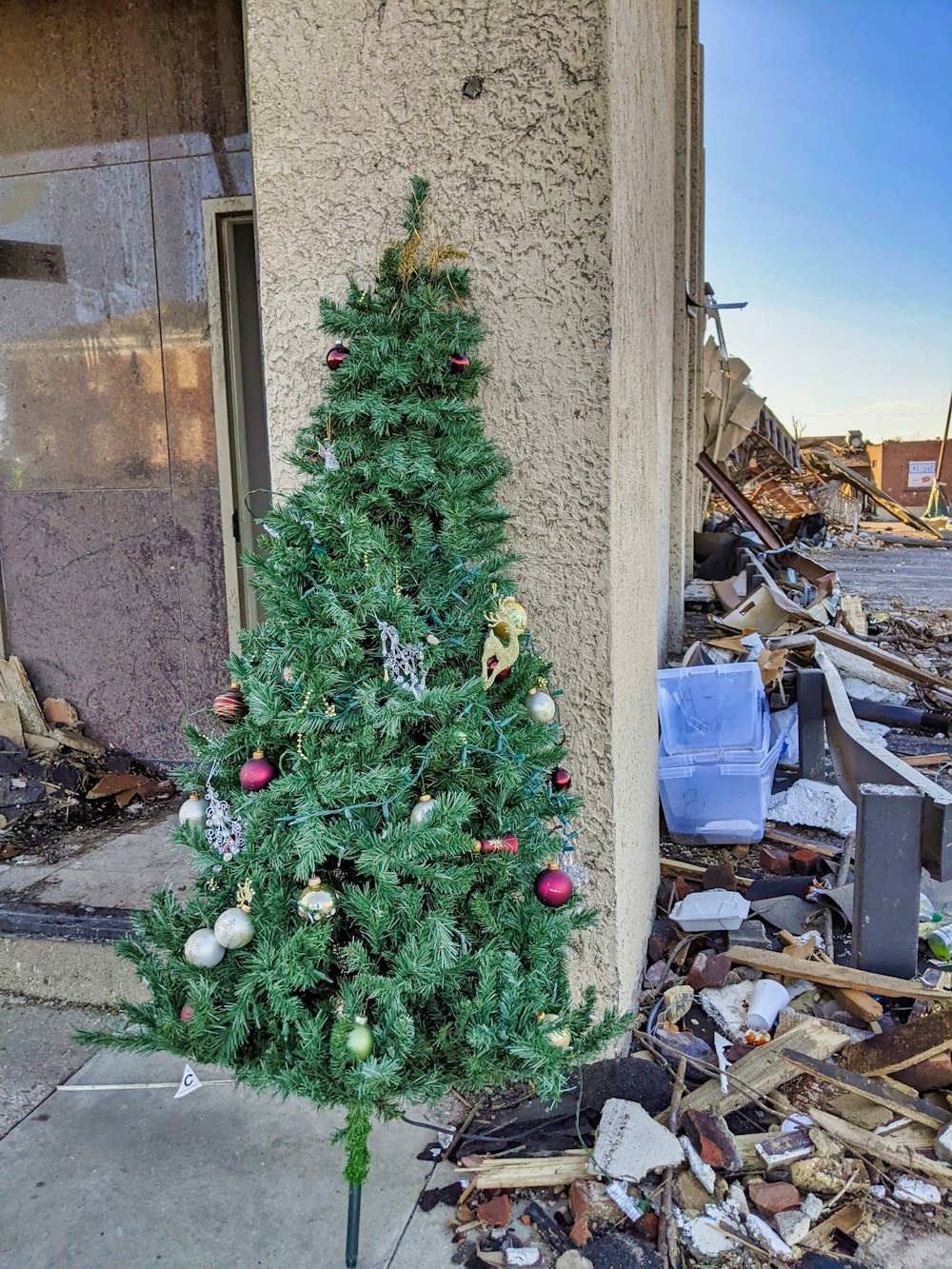 a small christmas tree sitting on top of a pile of rubble