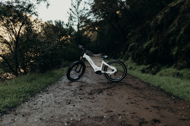 A rugged ATV parked on a forest trail beside a sleek eBike ready for an outdoor adventure.