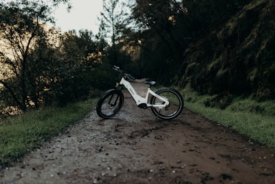 A white electric bike is parked on a muddy, forested trail. The path is surrounded by lush green vegetation and trees, with a peaceful, natural ambiance. The bike is positioned at an angle, highlighting its modern design and thick tires, suitable for off-road journeys.