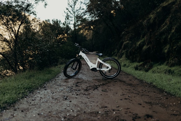 A white electric bike is parked on a muddy, forested trail. The path is surrounded by lush green vegetation and trees, with a peaceful, natural ambiance. The bike is positioned at an angle, highlighting its modern design and thick tires, suitable for off-road journeys.