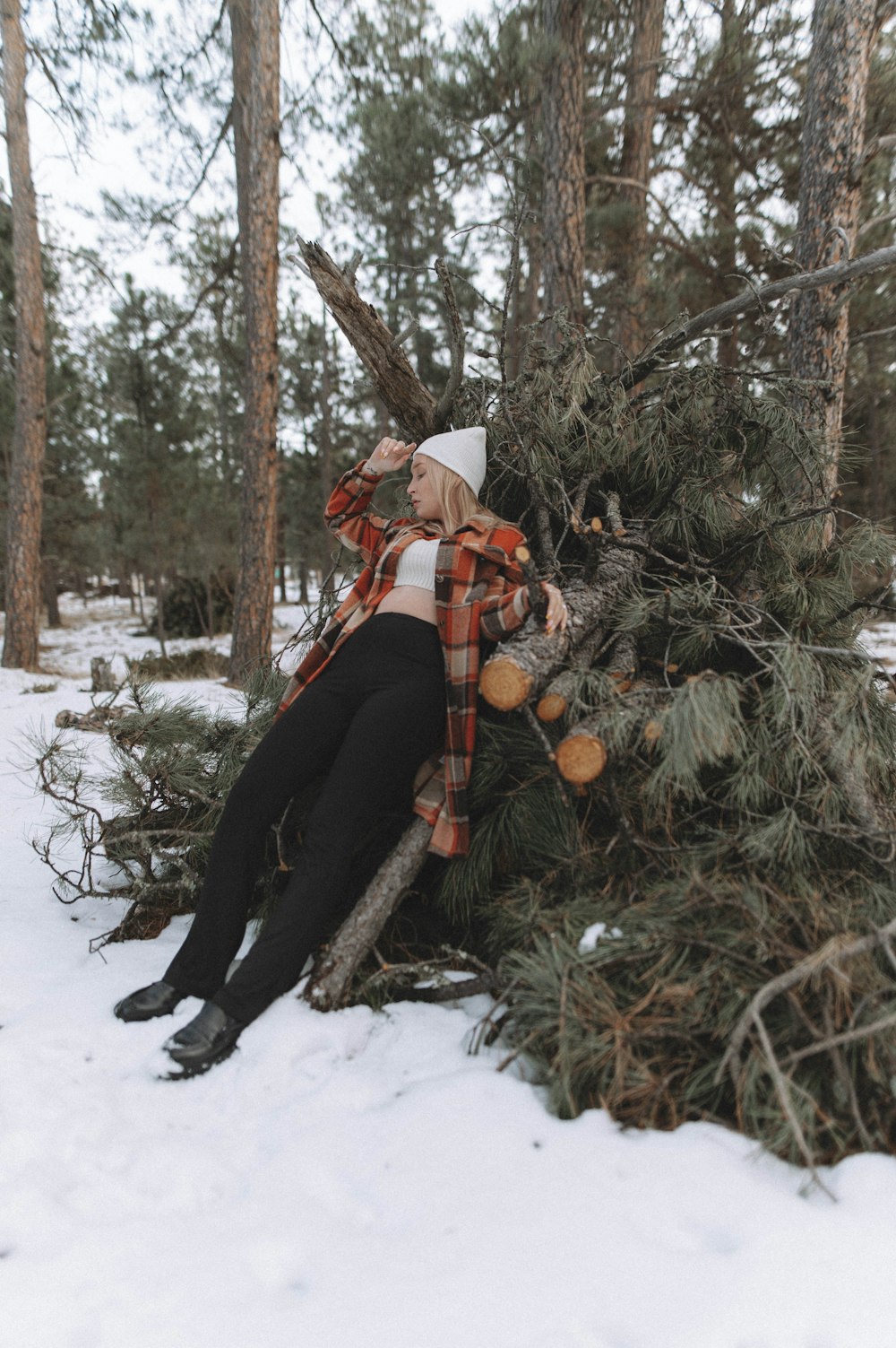 a woman sitting on top of a tree in the snow