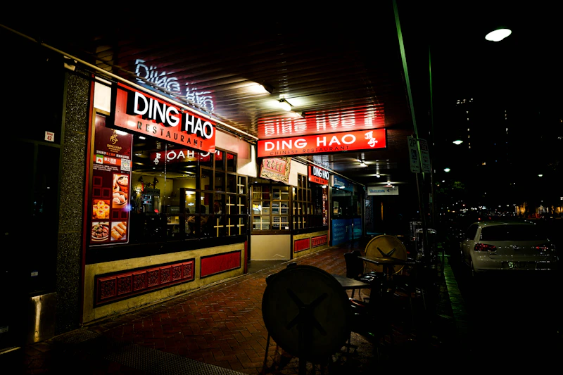 neon lit restaurant for a late night date