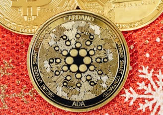 a bitcoin sitting on top of a red and gold background