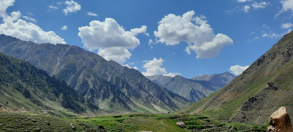 a view of a valley with mountains in the background