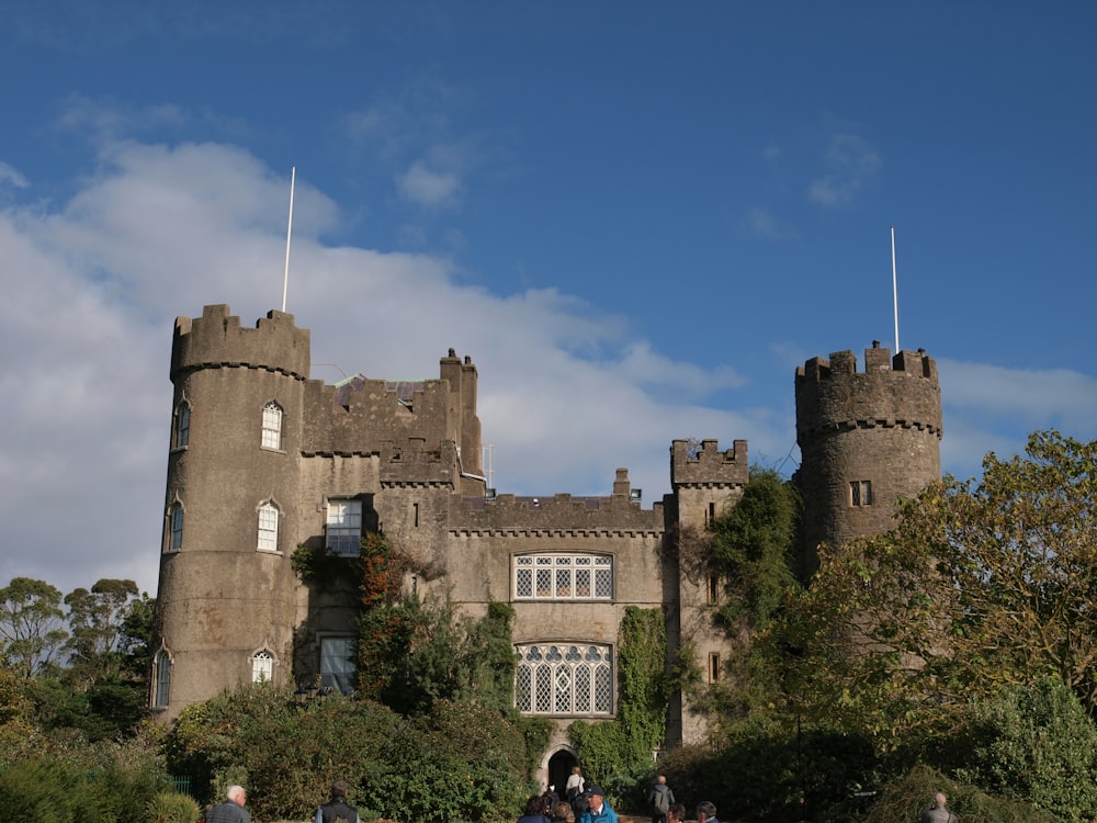 Un grupo de personas de pie frente a un castillo