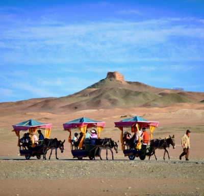 a group of people riding on the back of a horse drawn carriage