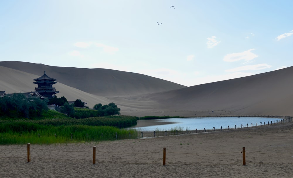 a large body of water surrounded by sand dunes