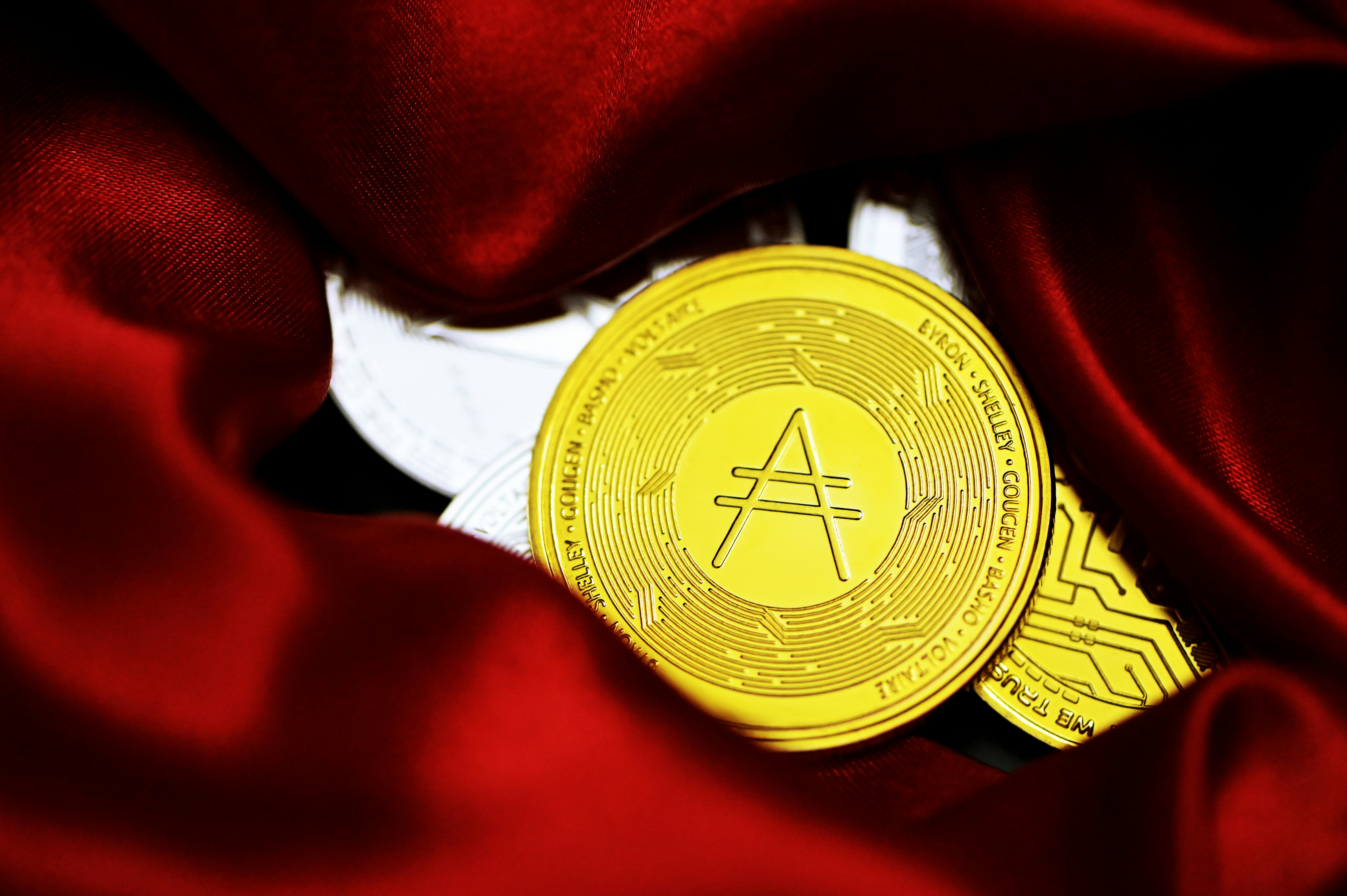 a bit coin sitting on top of a red cloth