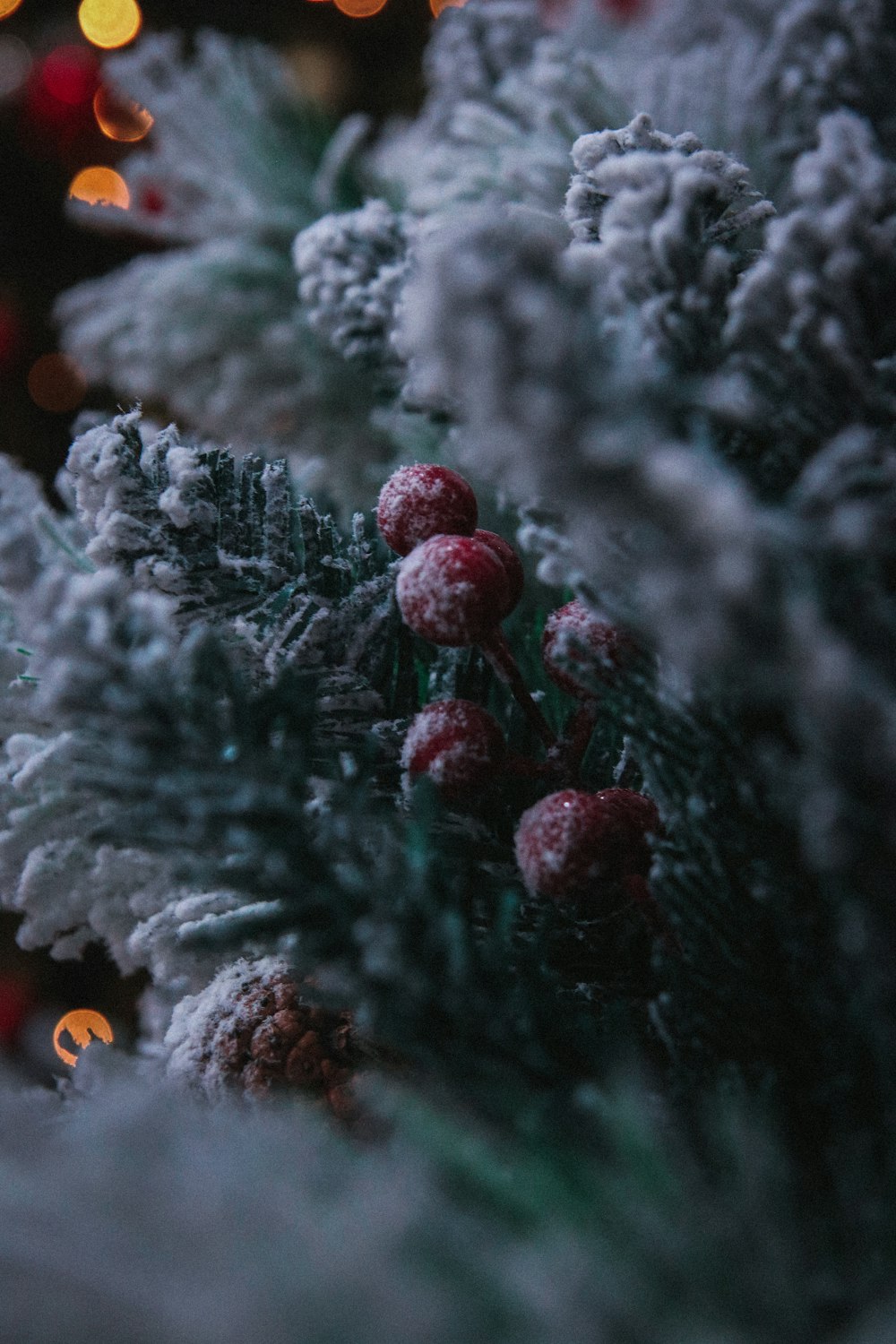 a close up of a christmas tree with lights in the background