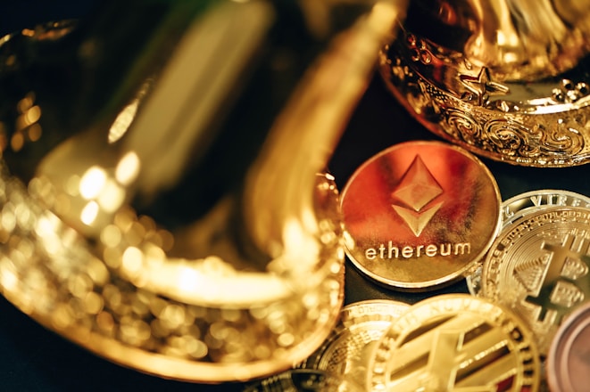 a close up of some gold and silver coins