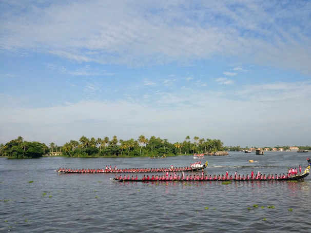 A wide shot of a dragon boat event with multiple teams racing, crowds cheering along the banks.