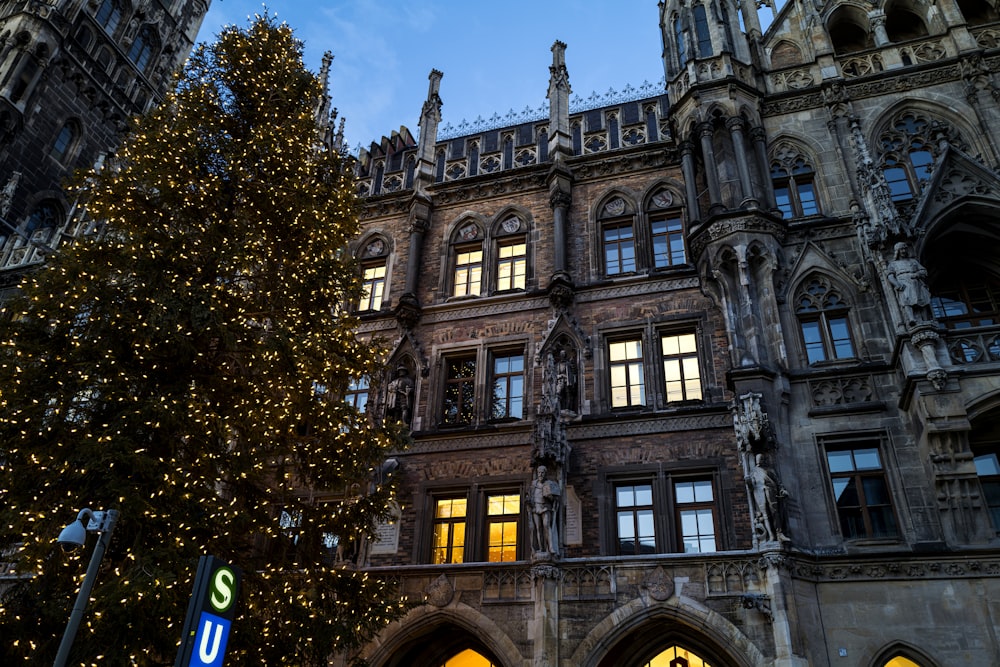 a large building with a christmas tree in front of it