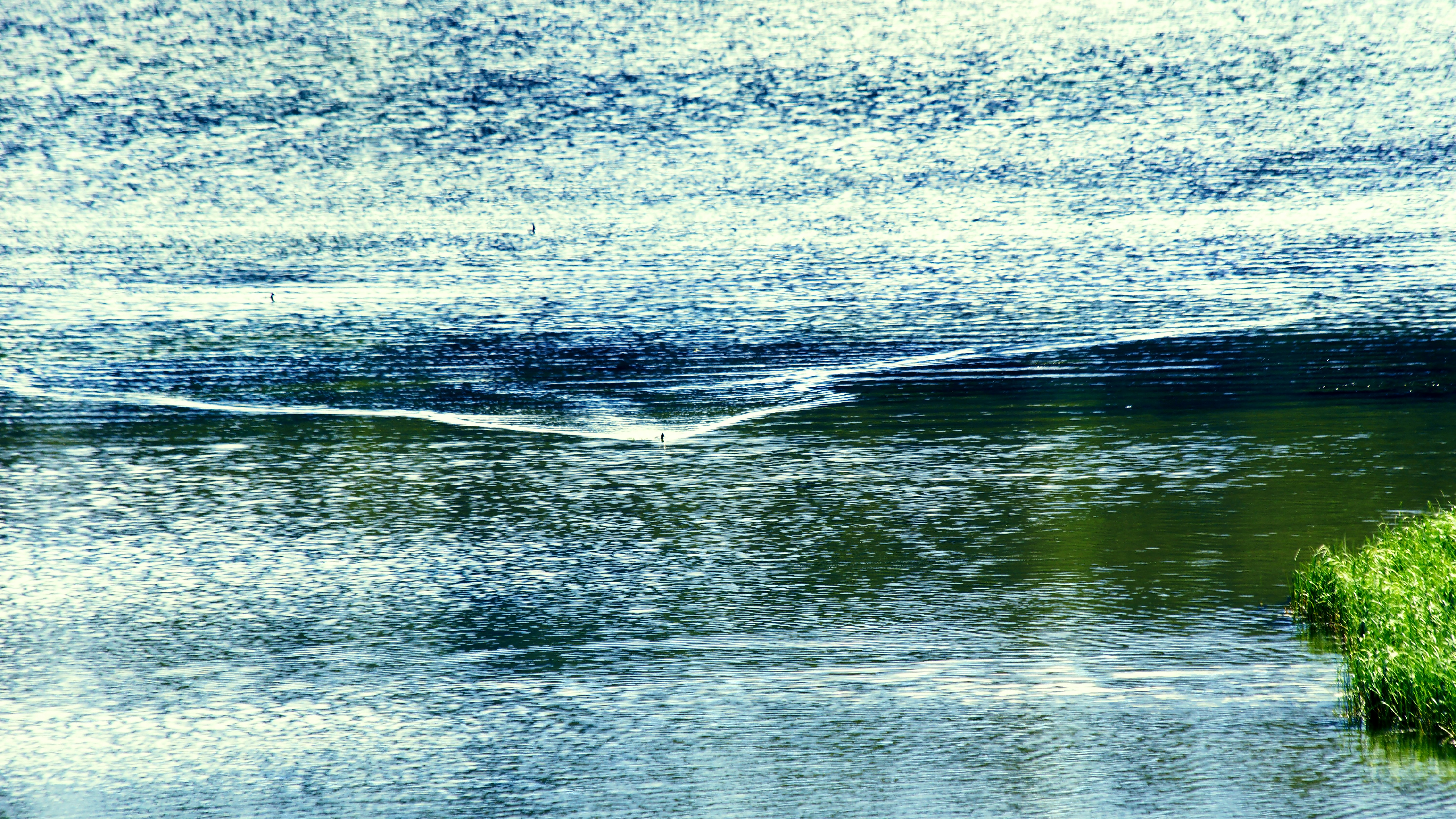 um corpo de água com uma pequena ilha no meio dela