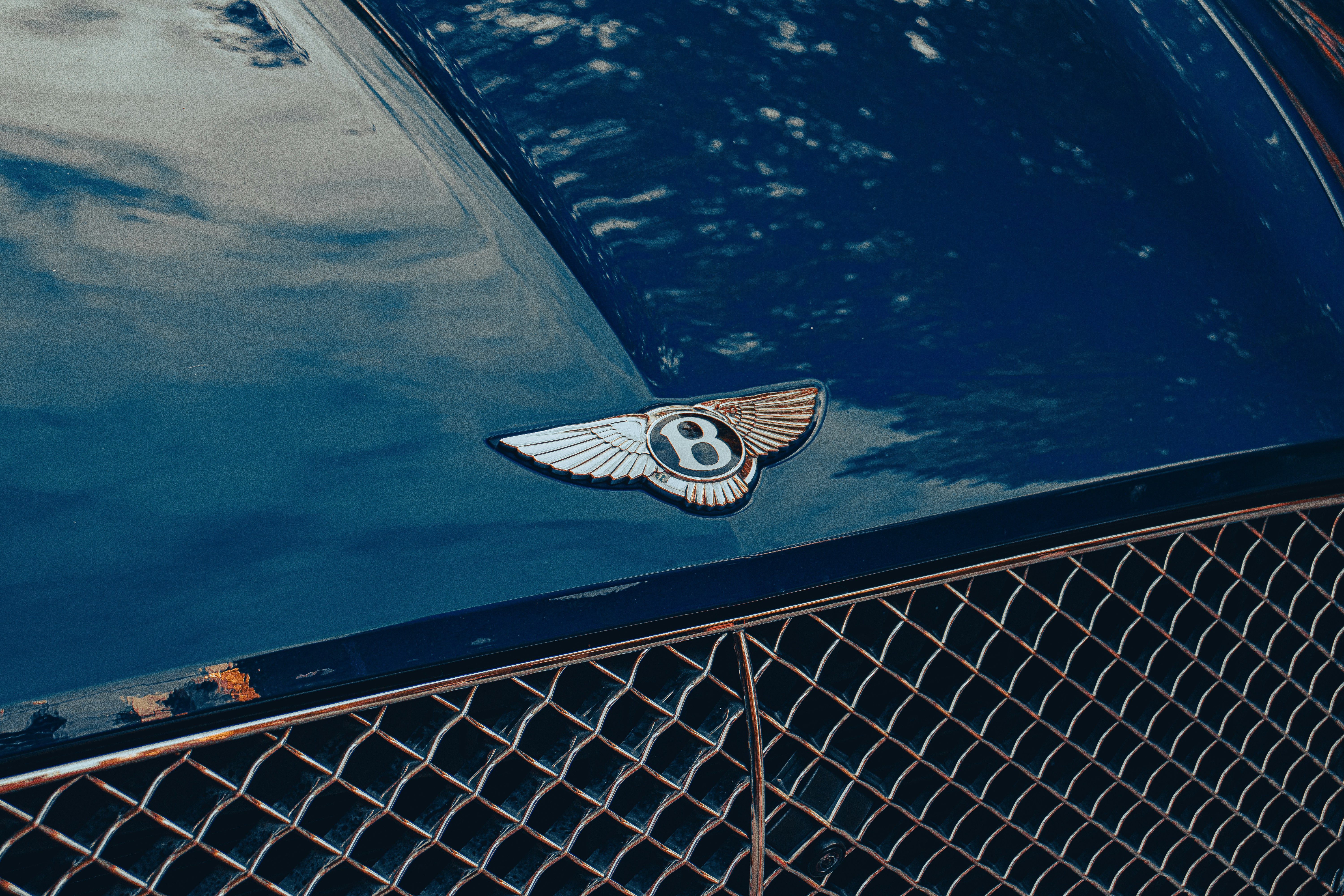 a close up of a bentley emblem on a blue car