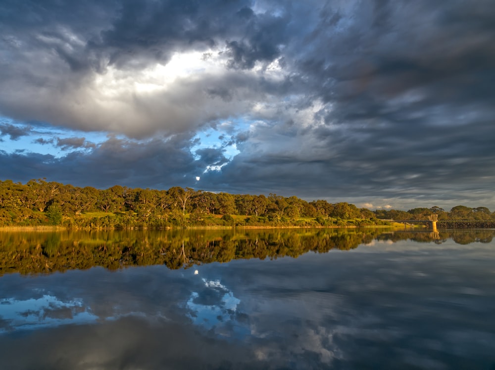 a large body of water surrounded by trees