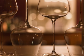 Close-up of elegant wine glasses clinking during a tasting session inside a rustic cellar.