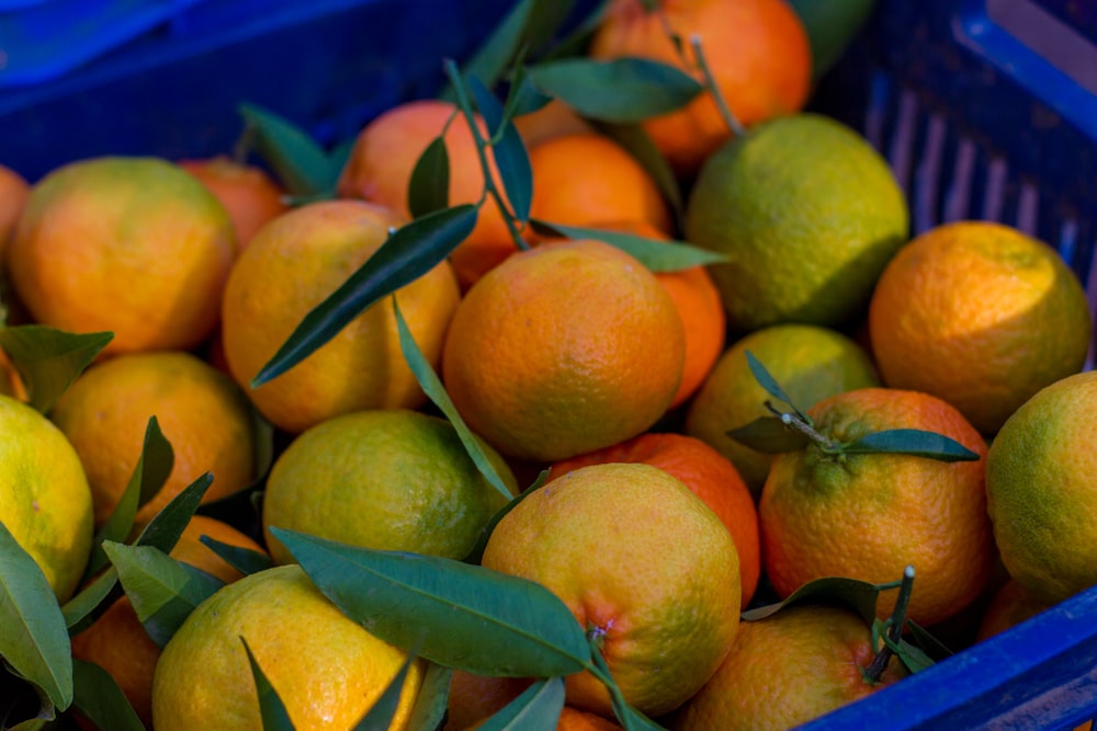 a blue basket filled with lots of oranges