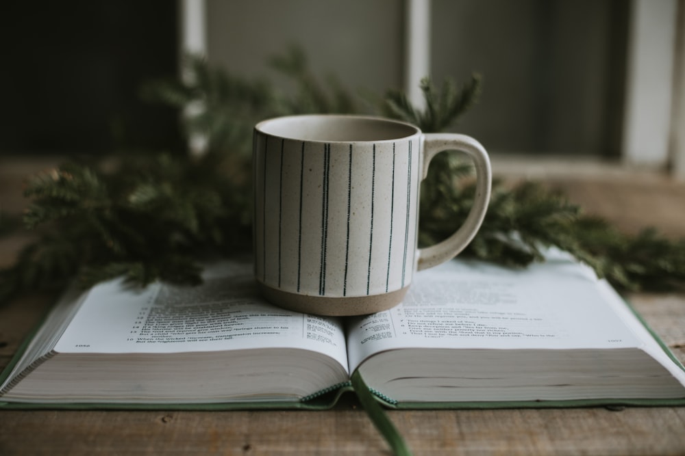 a coffee cup sitting on top of an open book