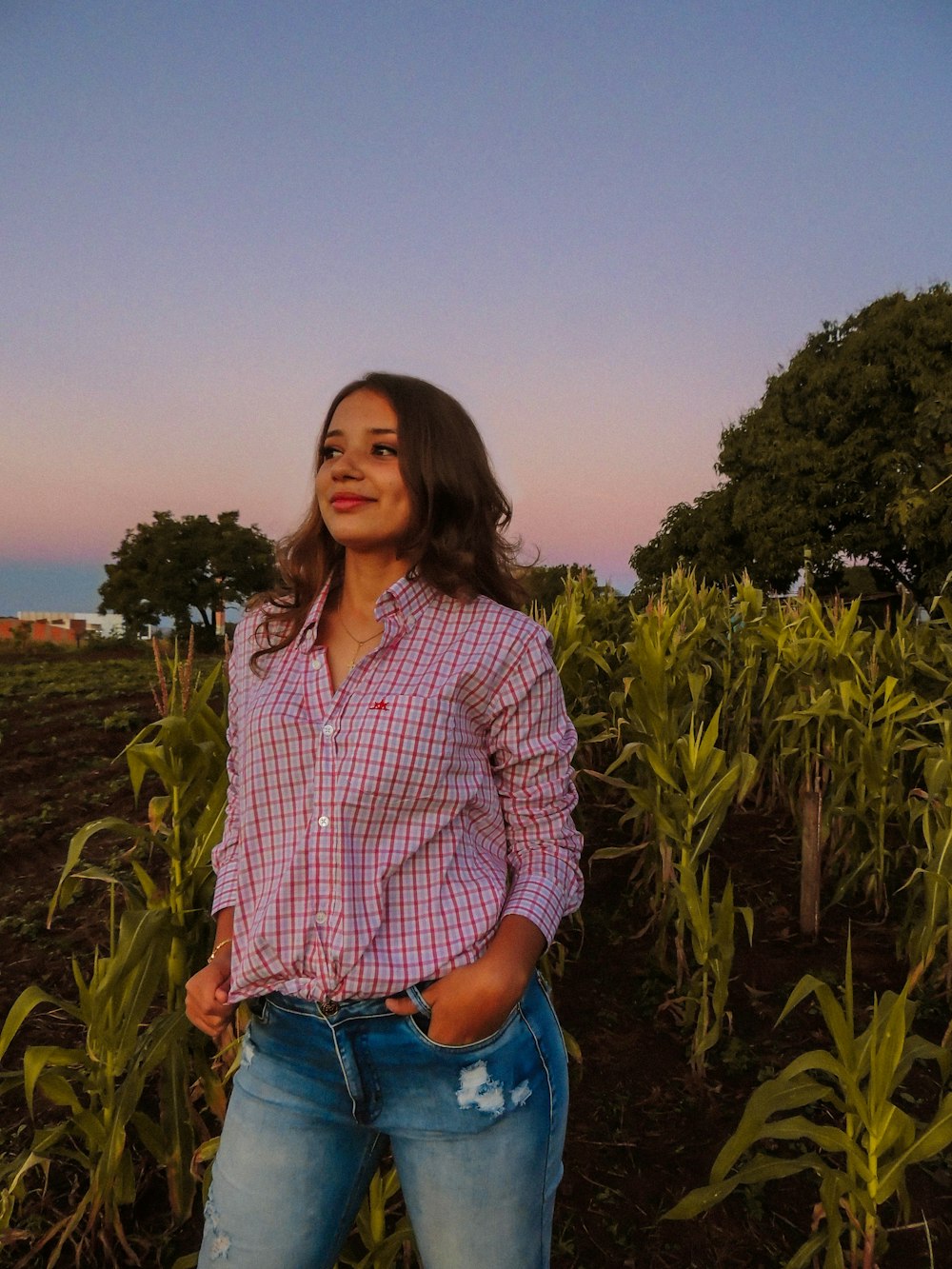 a woman standing in a field of corn